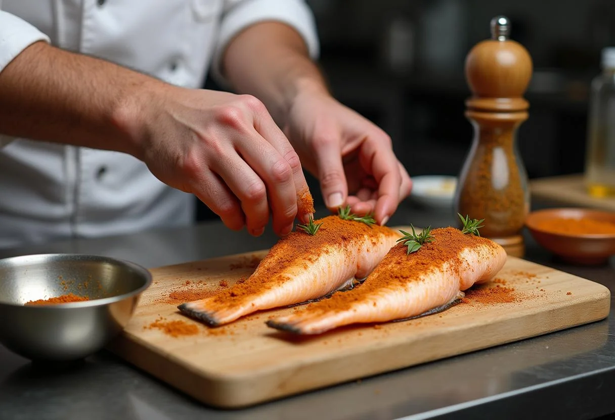 Spice mixture application on fish for Game of Thrones Unsullied Spice-Rubbed Fish, showcasing the flavors being infused in the dish.