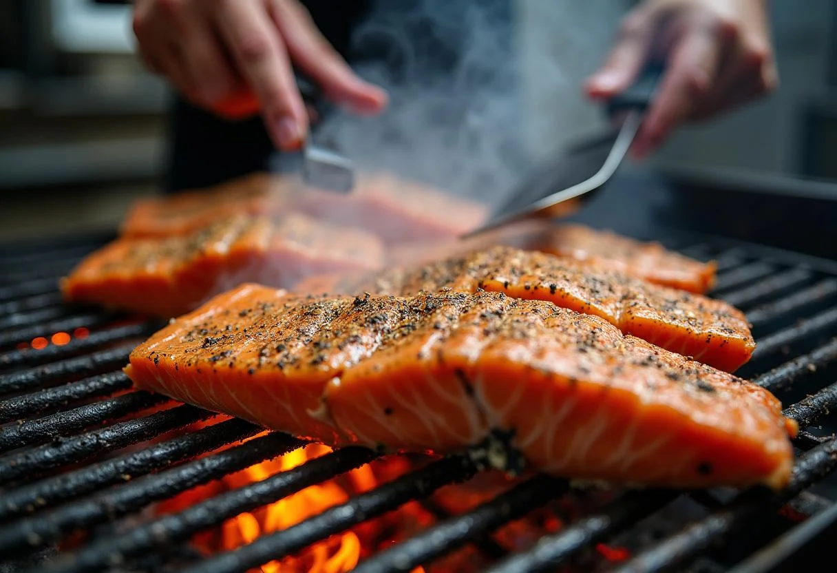 Grilling seasoned fish for Game of Thrones Unsullied Spice-Rubbed Fish, capturing the grilling process with smoke and sizzle.