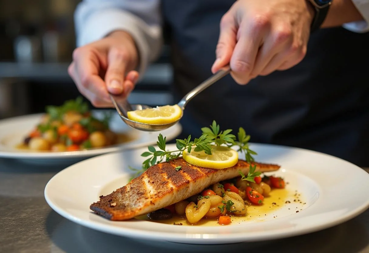 Plating the grilled Game of Thrones Unsullied Spice-Rubbed Fish with fresh herbs and lemon slices, creating a visually appealing presentation.