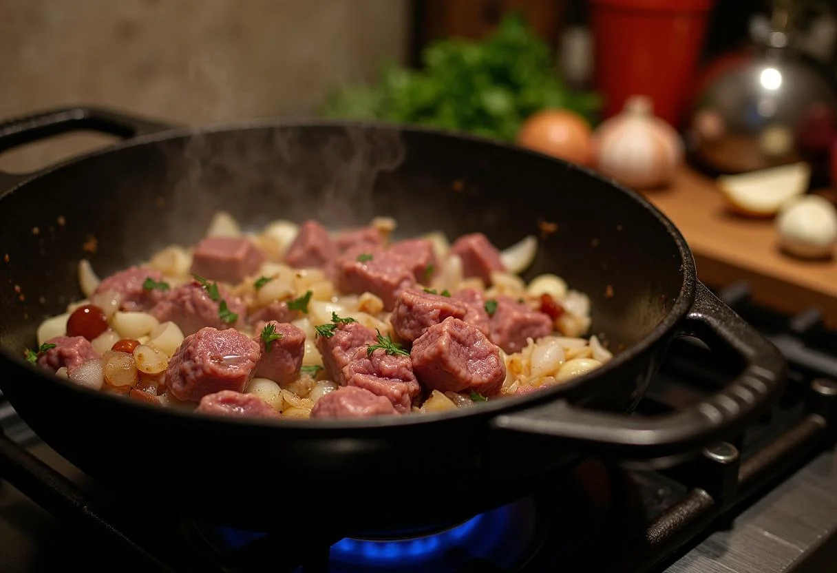 Delicious Game of Thrones Winterfell Lamb Stew preparation with lamb, onions, and garlic in a rustic kitchen.