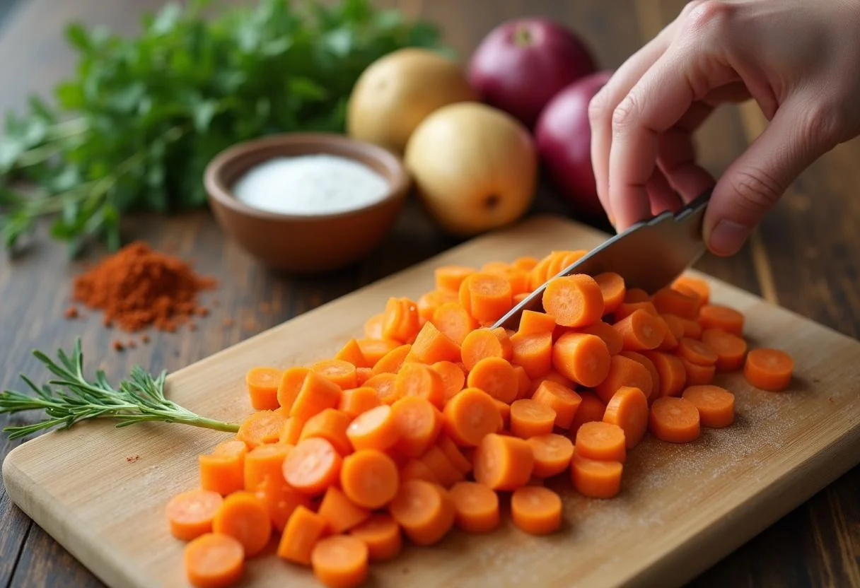 Fresh ingredients for Game of Thrones Winterfell Lamb Stew, including chopped carrots and potatoes on a wooden board.