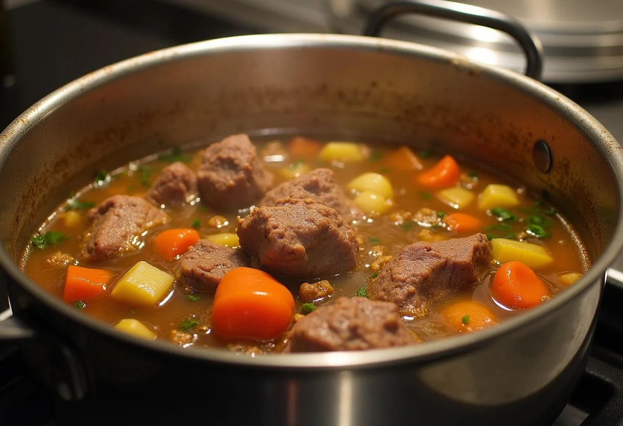 Simmering Game of Thrones Winterfell Lamb Stew in a cast iron pot, revealing rich flavors and hearty ingredients.