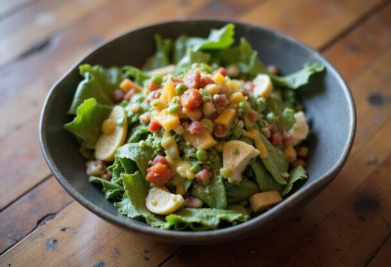 Final presentation of Ghosted Ana de Armas's Secret Agent Salad with Citrus Vinaigrette showcasing a fresh and colorful dish ready to be enjoyed.