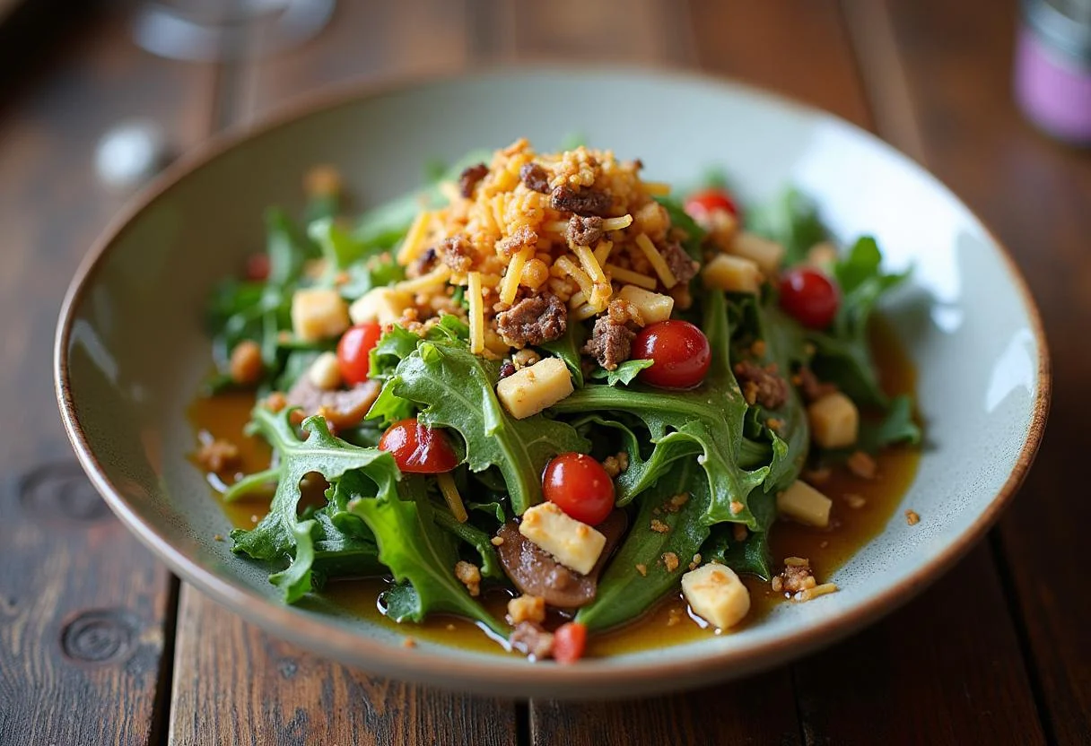 Final presentation of Ghosted Ana de Armas's Secret Agent Salad with Citrus Vinaigrette showcasing a fresh and colorful dish ready to be enjoyed.