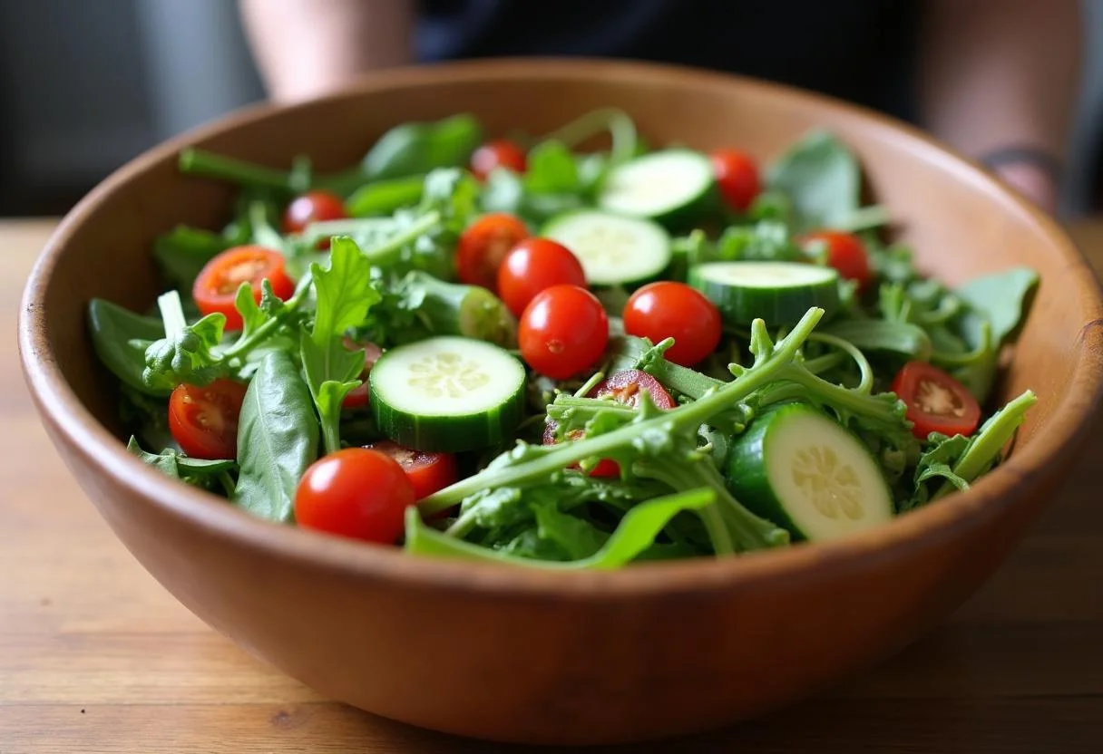 Fresh ingredients for Ghosted Ana de Armas's Secret Agent Salad with Citrus Vinaigrette featuring vibrant salad greens and vegetables.