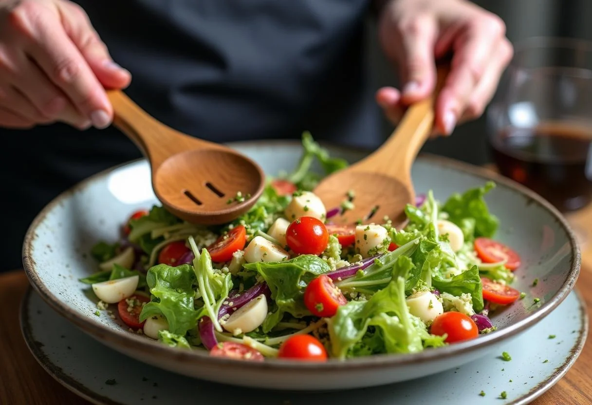 Mixing and tossing the Ghosted Ana de Armas's Secret Agent Salad to blend all ingredients with aromatic citrus vinaigrette.