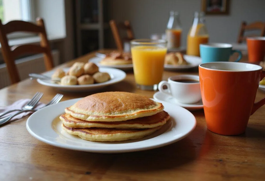A cozy breakfast scene featuring Gilmore Girls Al's Pancake World Pancakes, coffee, and fresh fruit.