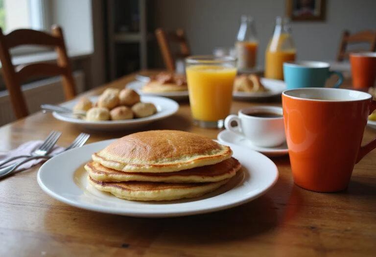 A cozy breakfast scene featuring Gilmore Girls Al's Pancake World Pancakes, coffee, and fresh fruit.