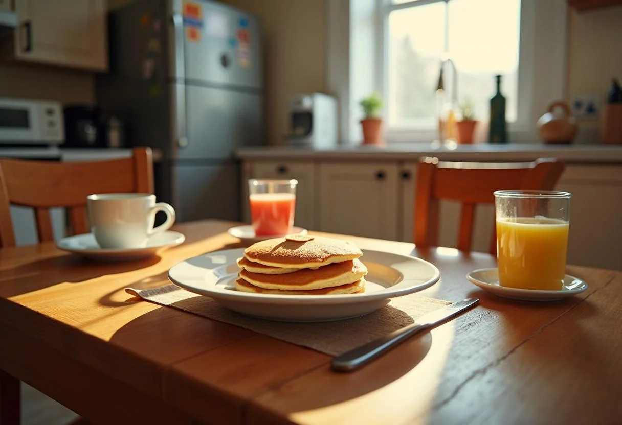 A cozy breakfast scene featuring Gilmore Girls Al's Pancake World Pancakes, coffee, and fresh fruit.