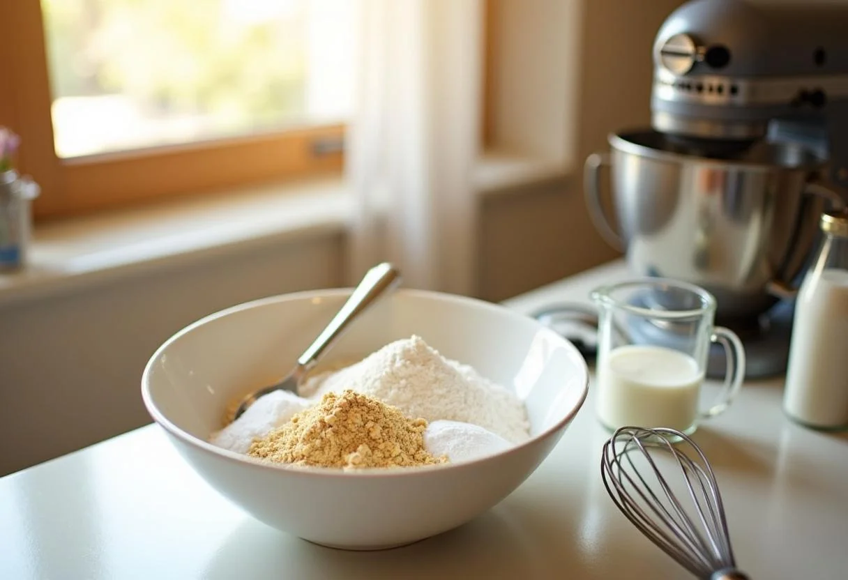 Mixing dry ingredients for Gilmore Girls Al's Pancake World Pancakes in a bright kitchen.