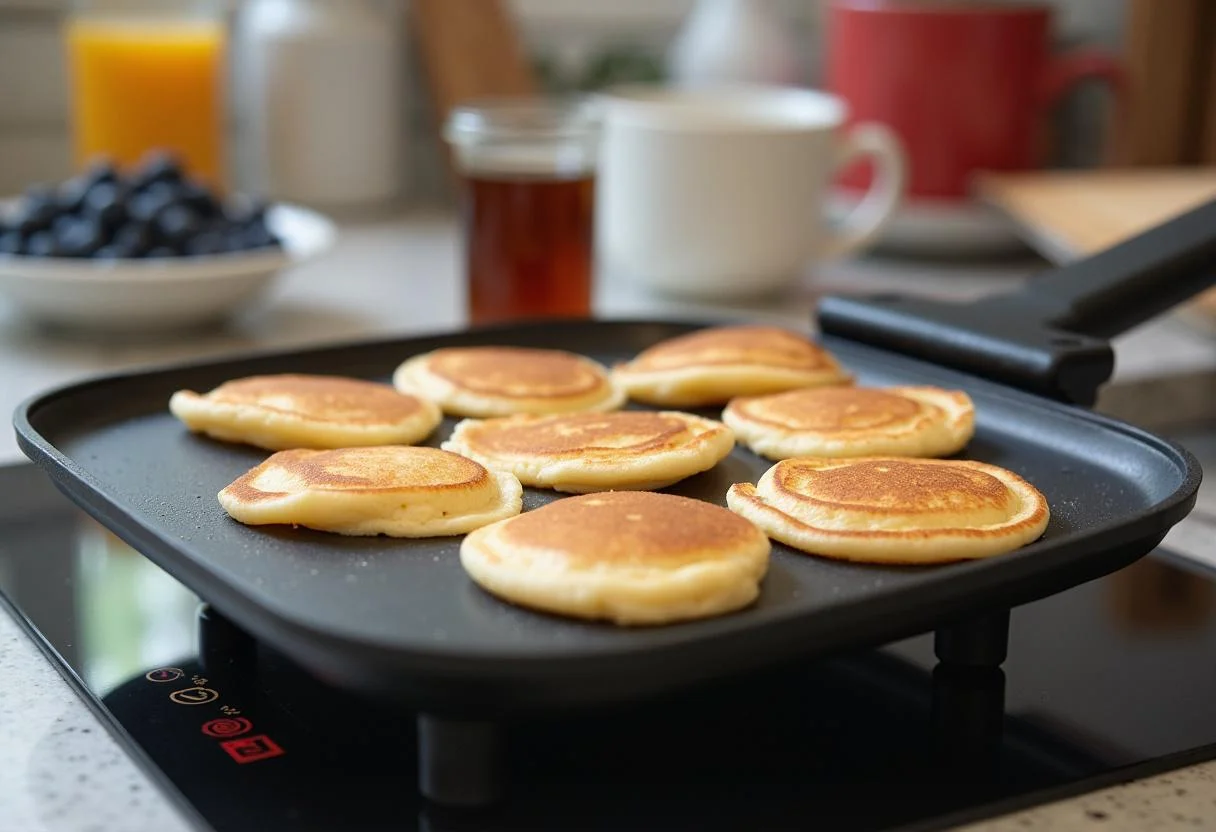 Preheating an electric griddle for fluffy Gilmore Girls Al's Pancake World Pancakes with blueberries.
