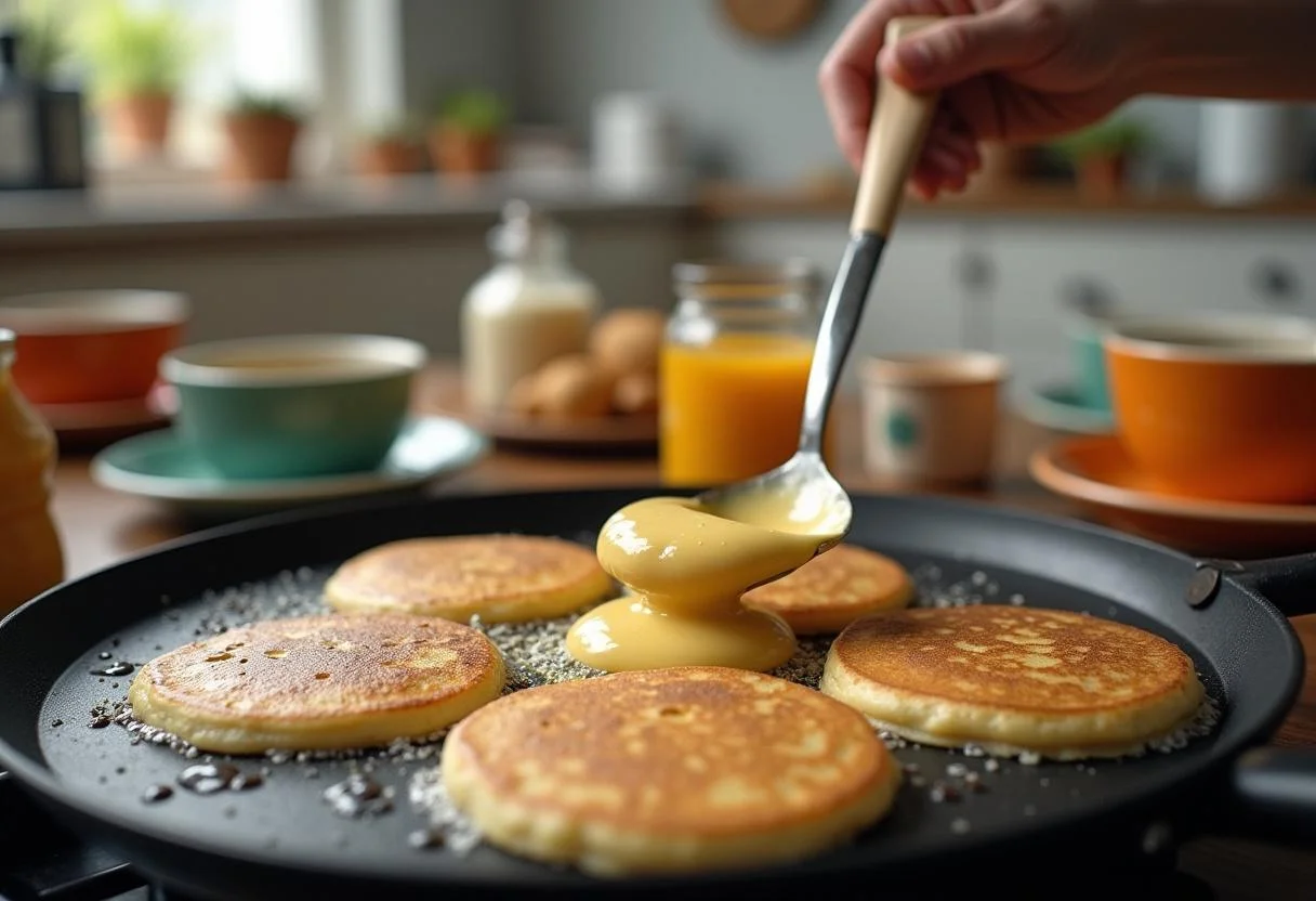 Cooking fluffy pancakes on a griddle, inspired by Gilmore Girls Al's Pancake World Pancakes.