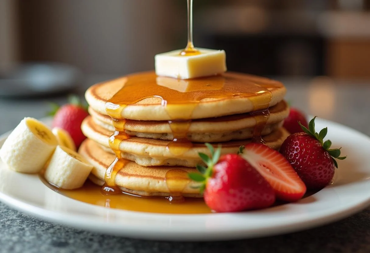 Delicious stack of Gilmore Girls Al's Pancake World Pancakes with butter and syrup, served with fresh fruits.