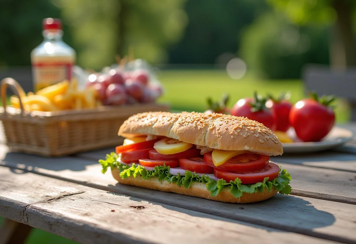 Final presentation of Gilmore Girls Doose's Market Deli Delight, showcasing a delicious deli sandwich in an inviting outdoor setting.