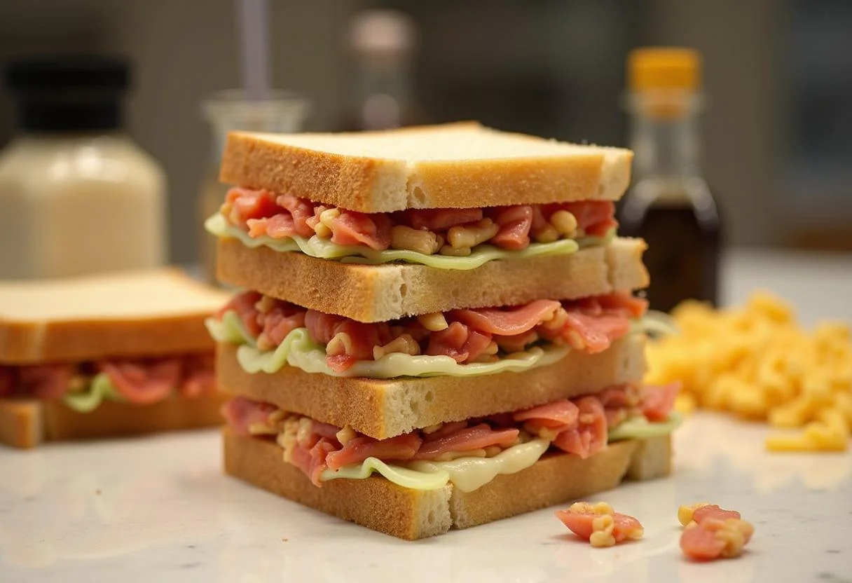 Assembling the sandwich for Gilmore Girls Doose's Market Deli Delight, showcasing layers of fresh ingredients between slices of bread.