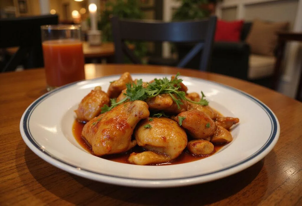 Final presentation of Gilmore Girls Lorelai's Leftover Chinese Chicken, showcasing a delicious homemade dish in a cozy dining setting.