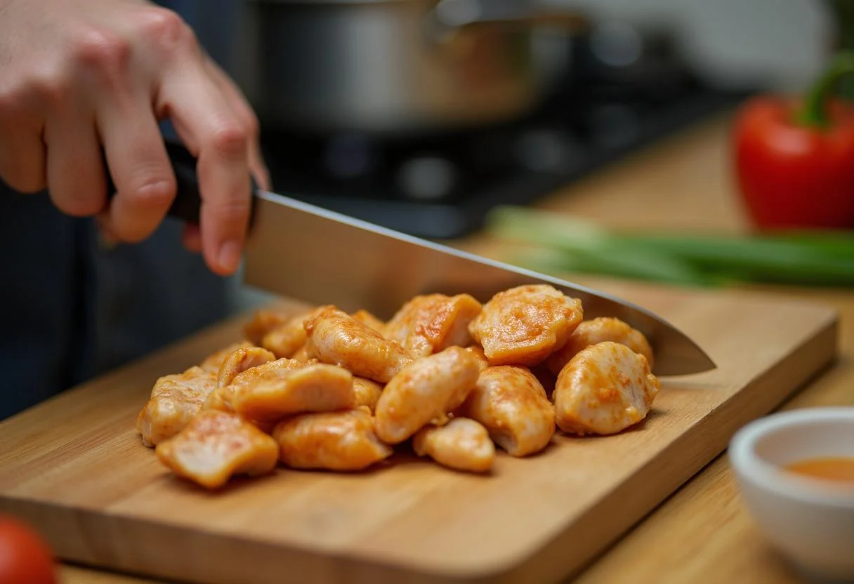 Dicing leftover Chinese chicken inspired by Gilmore Girls Lorelai's Leftover Chinese Chicken recipe in a cozy kitchen.