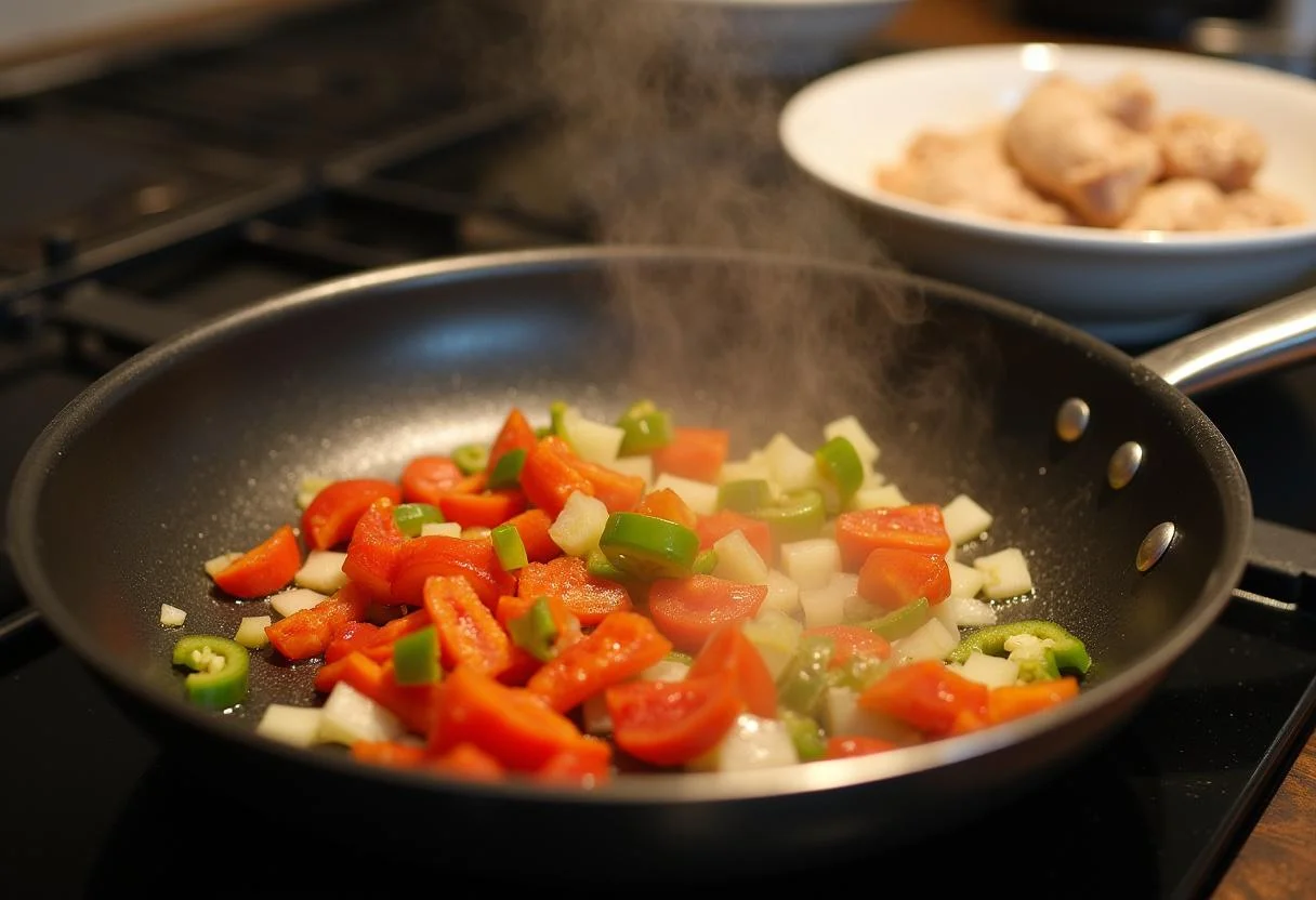 Sautéing fresh vegetables for Gilmore Girls Lorelai's Leftover Chinese Chicken recipe in a frying pan, showcasing vibrant colors.