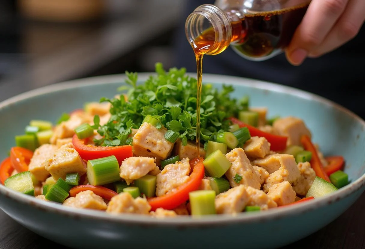 Combining sautéed vegetables and leftover chicken with soy sauce in a bowl, inspired by Gilmore Girls Lorelai's Leftover Chinese Chicken.