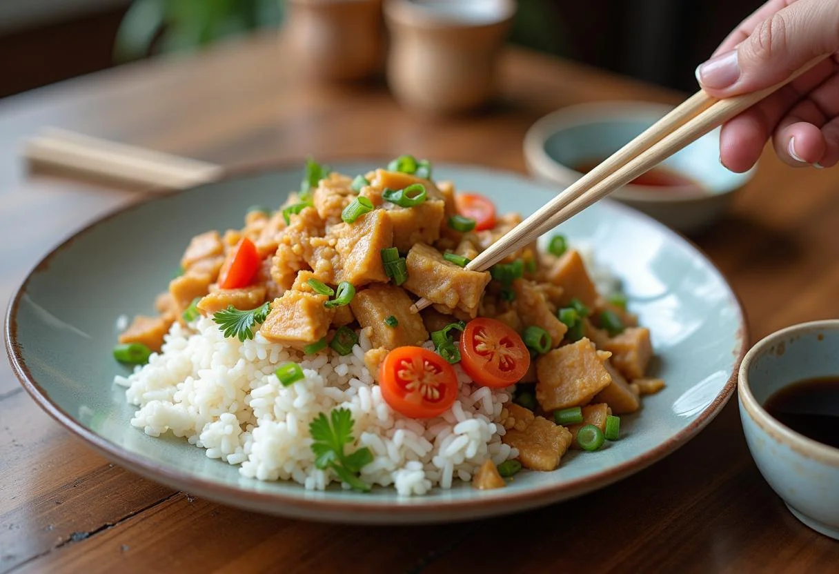 Plating Gilmore Girls Lorelai's Leftover Chinese Chicken with rice and vegetables, highlighting a delicious and satisfying meal experience.