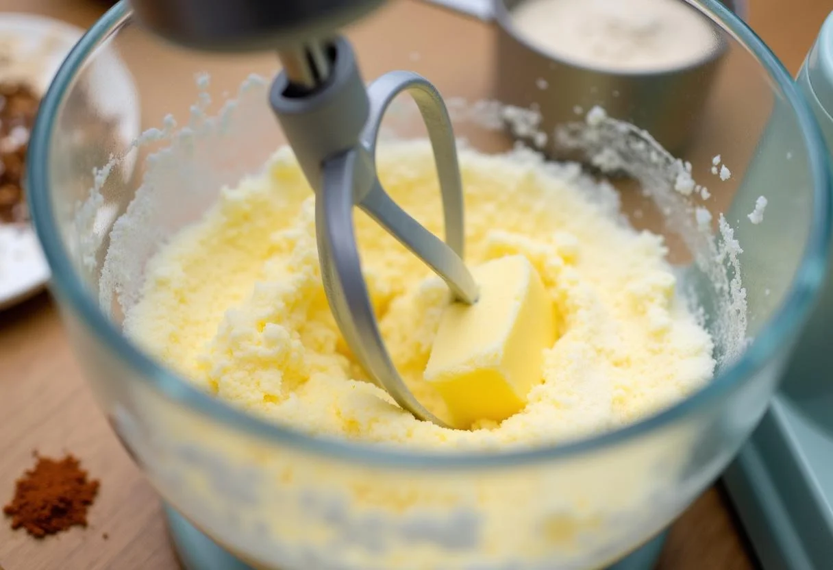 Creaming butter and sugar for Gilmore Girls Luke's Diner Coffee Cake preparation in a cozy kitchen.