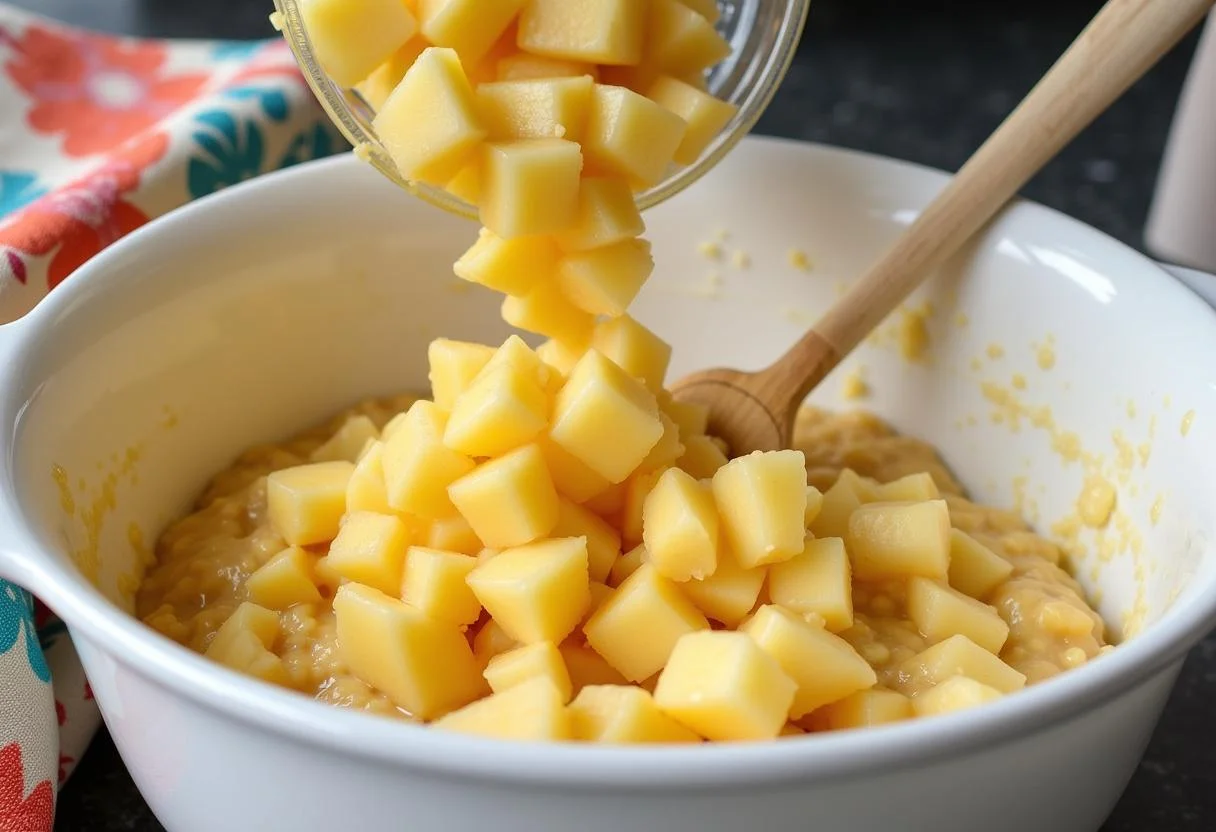 Folding fresh fruit into the batter for Gilmore Girls Luke's Diner Coffee Cake in a cheerful kitchen environment.