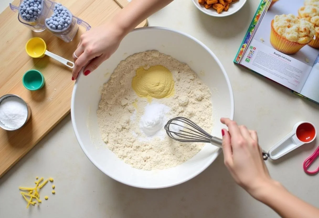 Mixing dry ingredients for Gilmore Girls Stars Hollow Town Meeting Muffins on a kitchen counter, capturing the essence of a cozy baking scene.