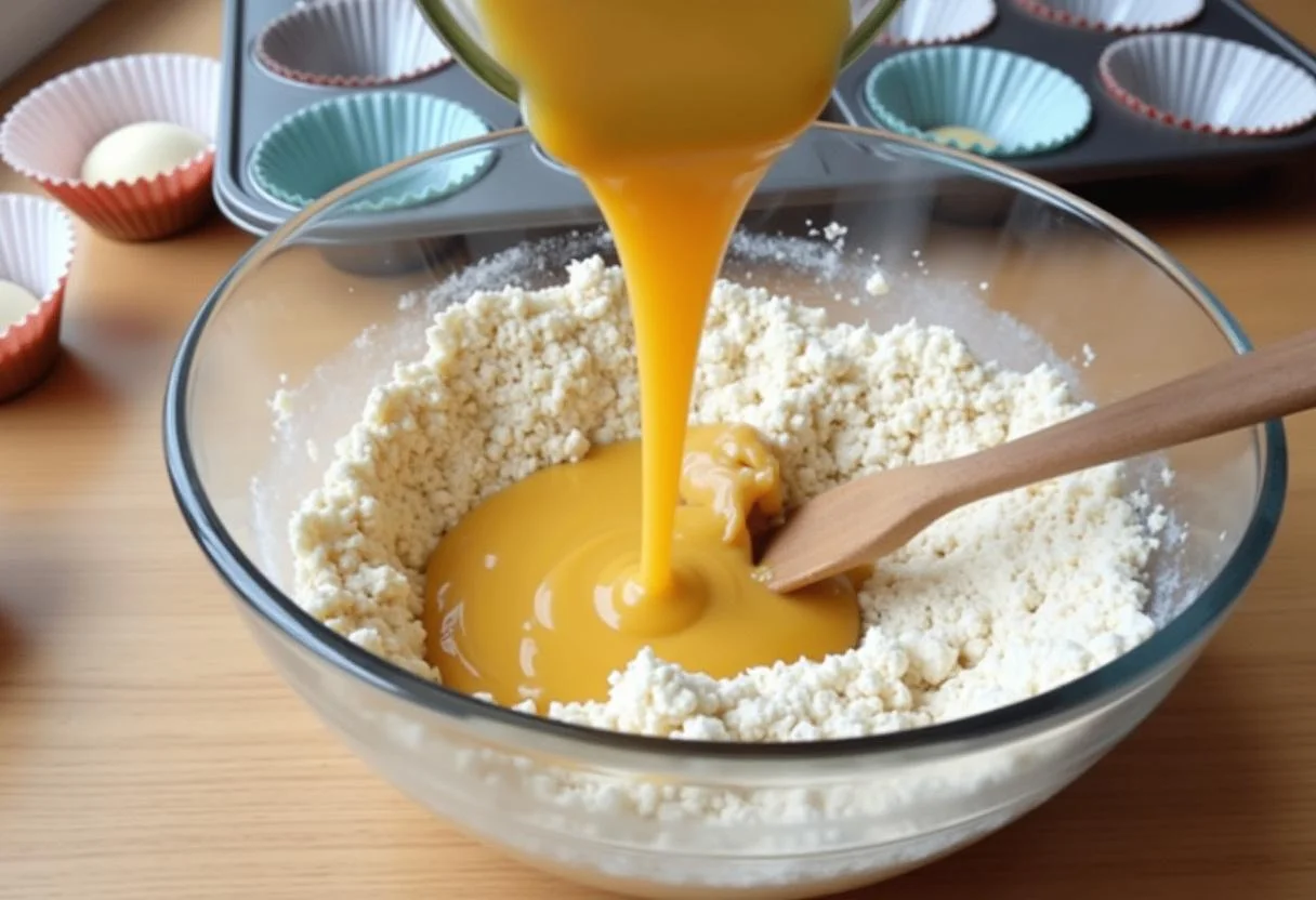 Creating muffin batter for Gilmore Girls Stars Hollow Town Meeting Muffins, showcasing a warm and inviting kitchen atmosphere.