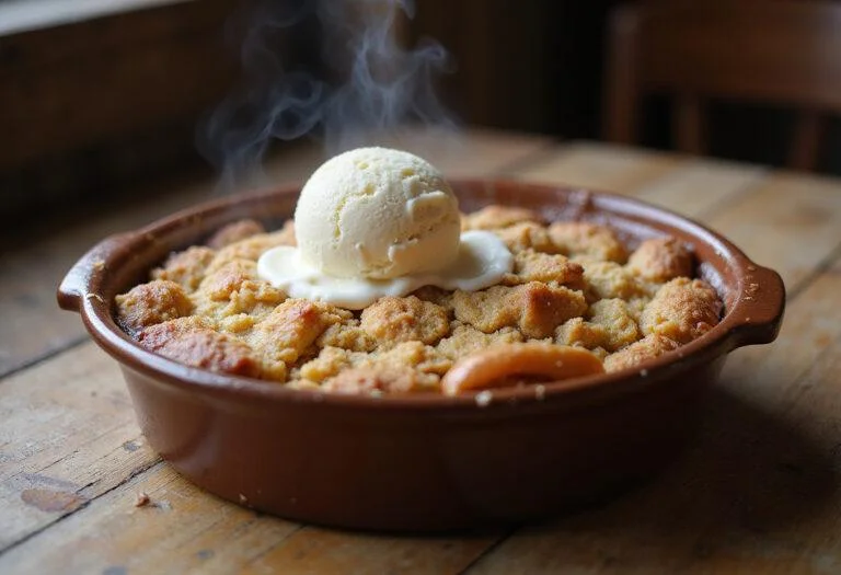 Delicious finished Hannibal Abigail Hobbs' Apple Crumble served warm with melting vanilla ice cream, perfect for dessert.