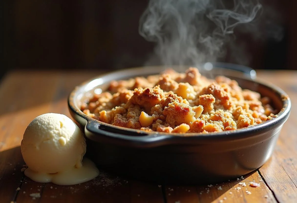 Delicious finished Hannibal Abigail Hobbs' Apple Crumble served warm with melting vanilla ice cream, perfect for dessert.
