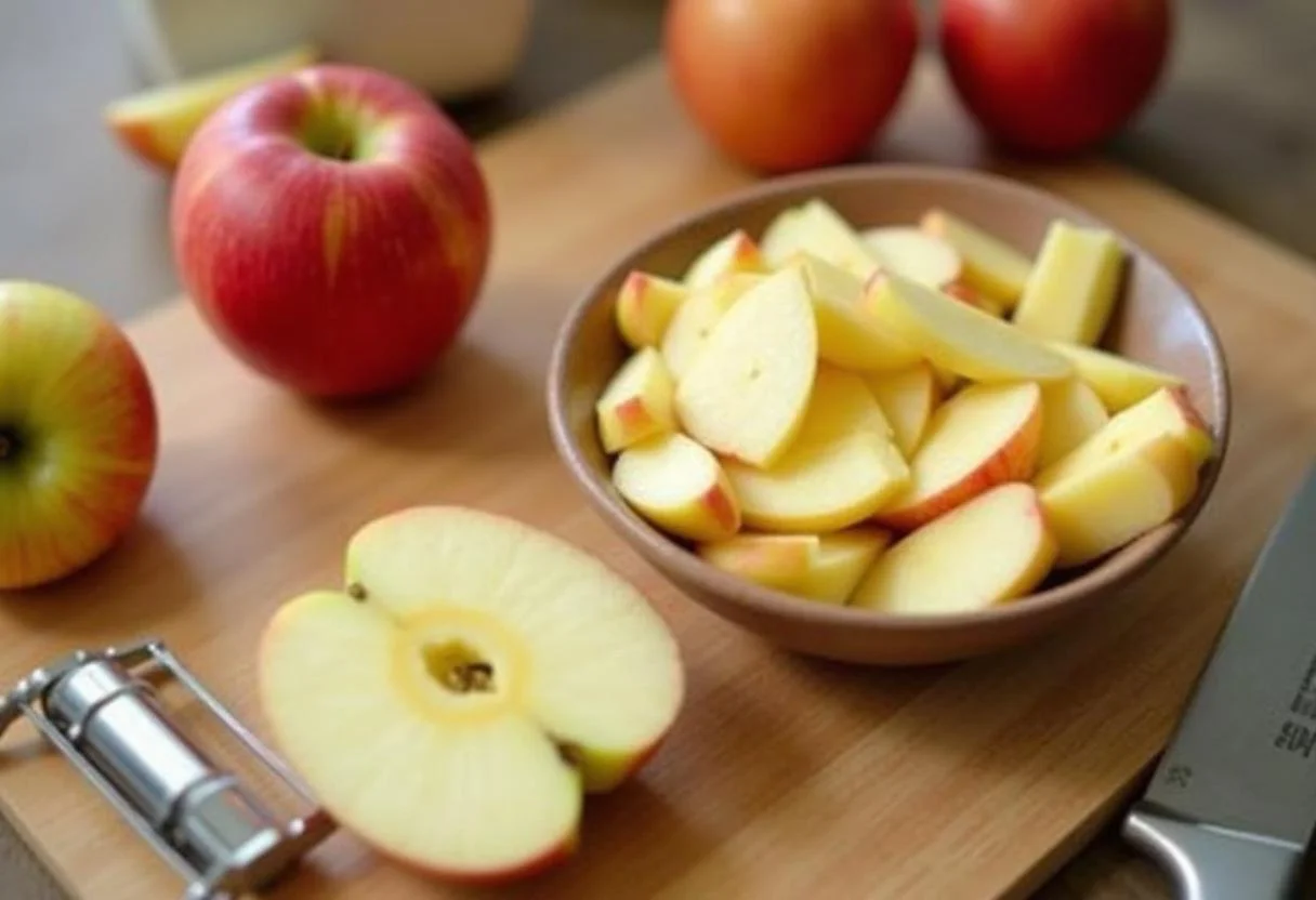 Hannibal Abigail Hobbs' Apple Crumble preparation with fresh apples being peeled and sliced for the pie filling.