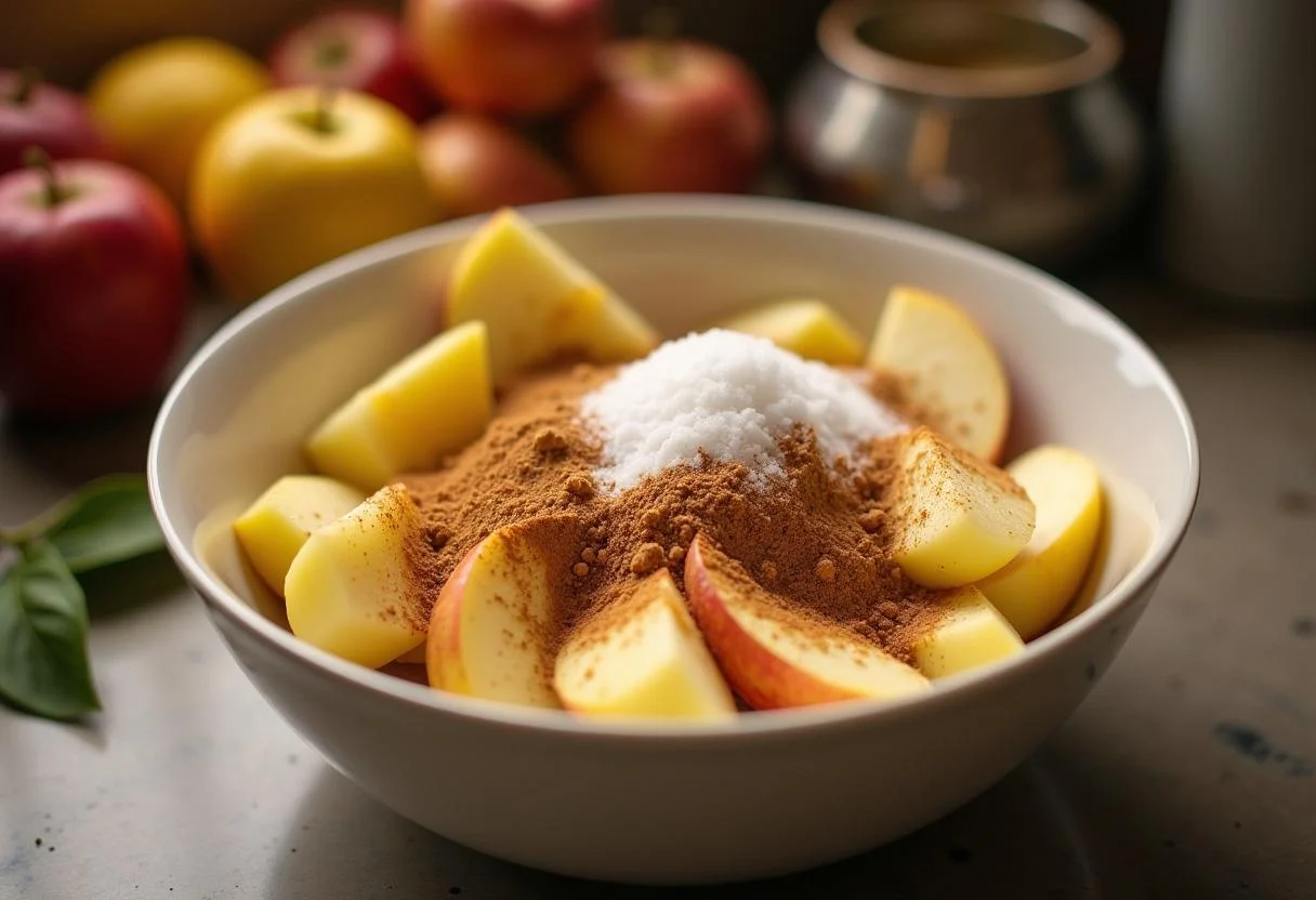 Mixing ingredients for Hannibal Abigail Hobbs' Apple Crumble, featuring cinnamon, sugar, and freshly sliced apples in a bowl.
