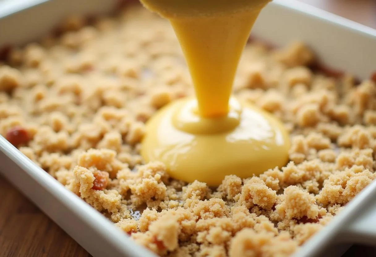 Creating the crumble topping for Hannibal Abigail Hobbs' Apple Crumble, showing the delicious layers of buttery crumbs on the apple filling.