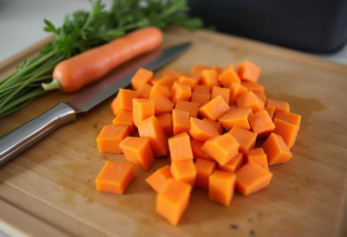Hannibal Dr. Chilton's Confit Carrots preparation step carrots sliced into uniform pieces.