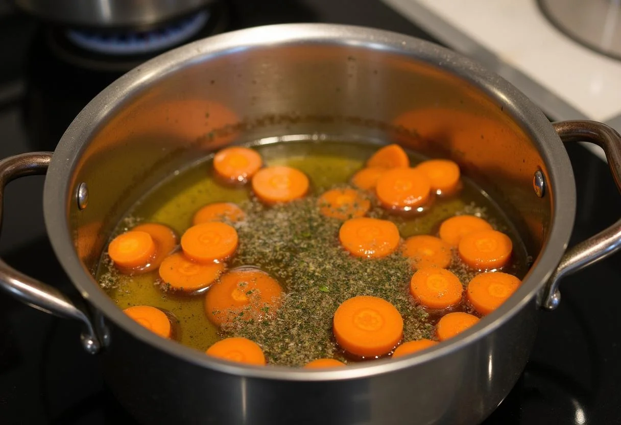 Hannibal Dr. Chilton's Confit Carrots cooking process carrots being simmered in olive oil and herbs.