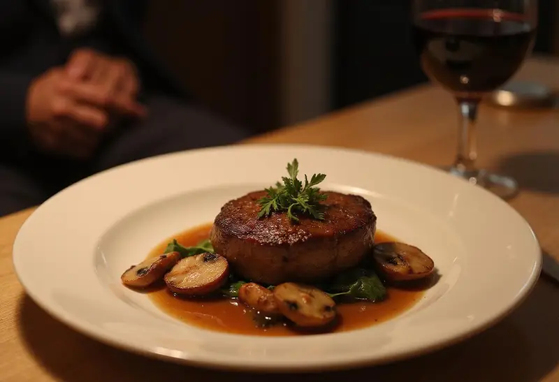 Final presentation of Hannibal Jack Crawford's FBI Filet Mignon mushrooms on a dining table with a glass of red wine in a fine dining setting.