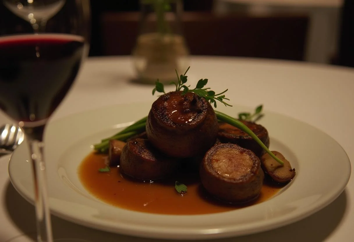 Final presentation of Hannibal Jack Crawford's FBI Filet Mignon mushrooms on a dining table with a glass of red wine in a fine dining setting.