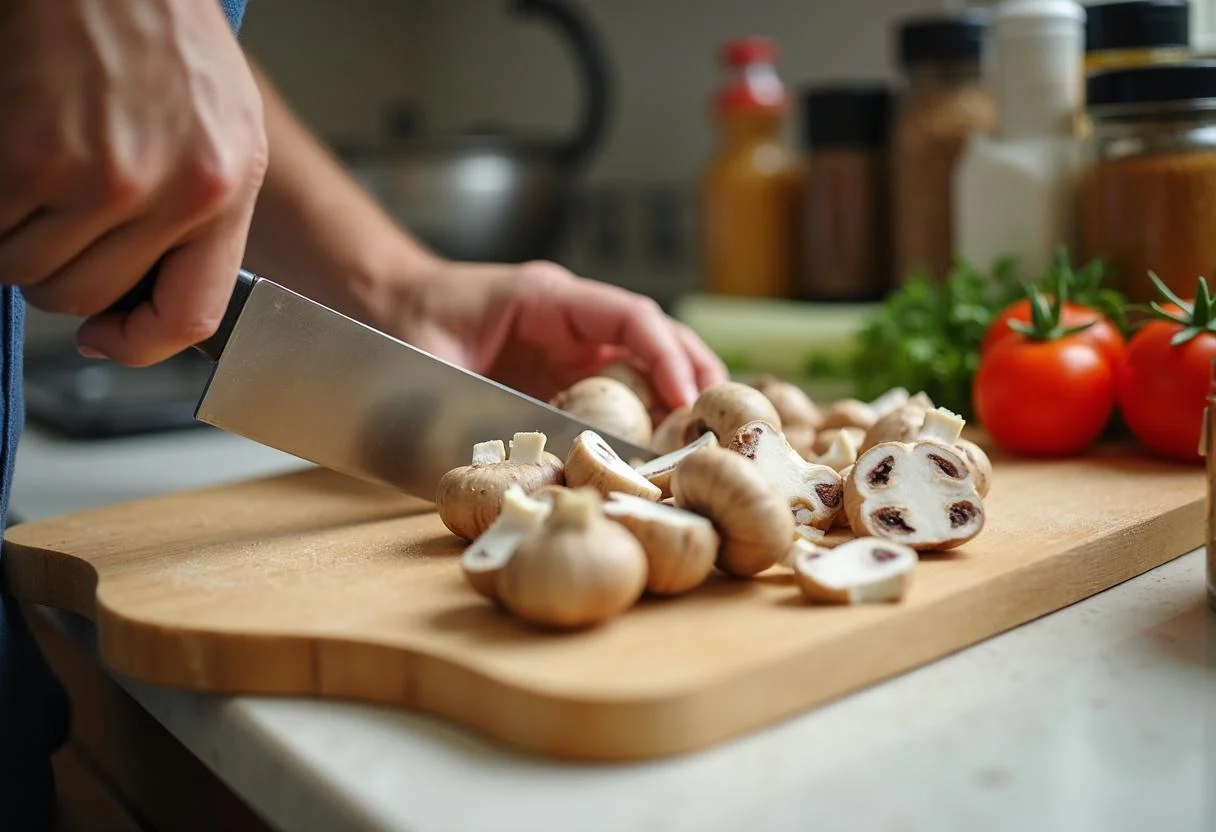 Slicing fresh mushrooms for Hannibal Jack Crawford's FBI Filet Mignon mushrooms recipe in a well-lit kitchen with spices.