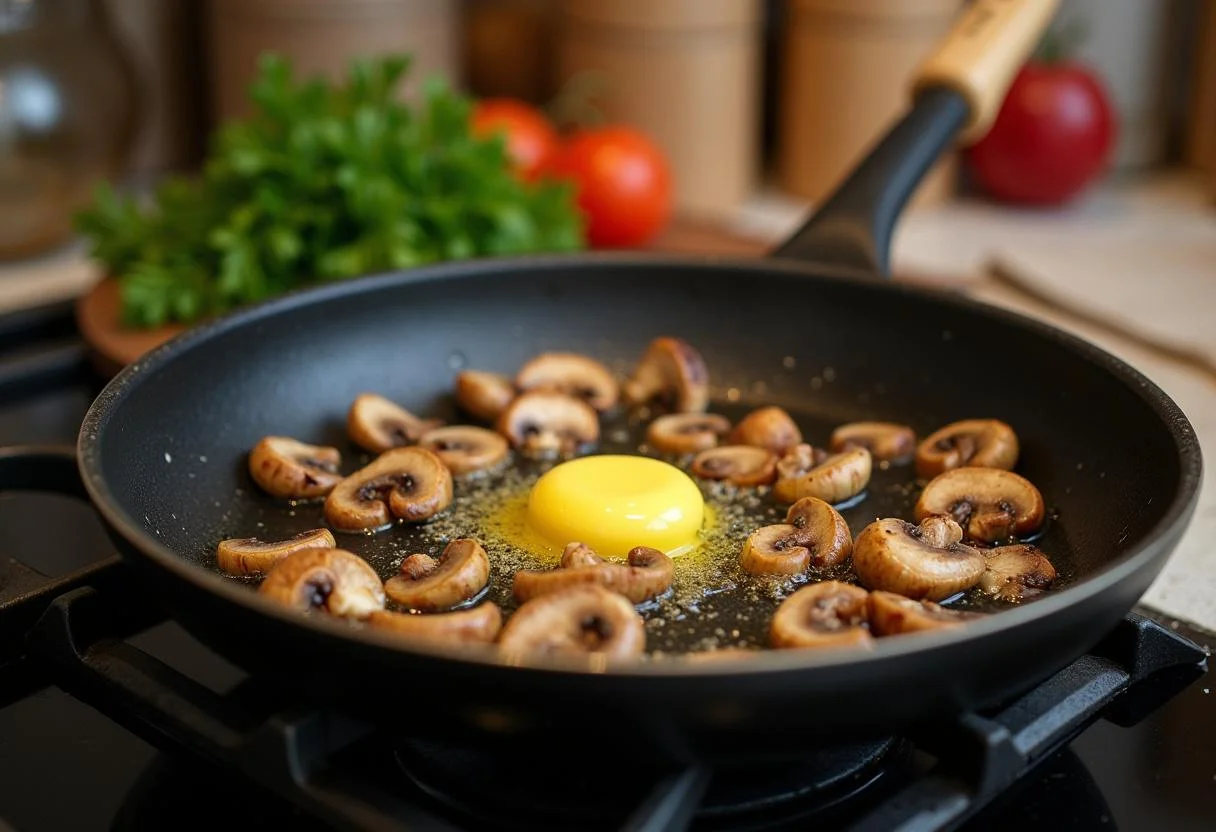 Sautéing mushrooms in butter for Hannibal Jack Crawford's FBI Filet Mignon mushrooms with a cozy kitchen ambiance.