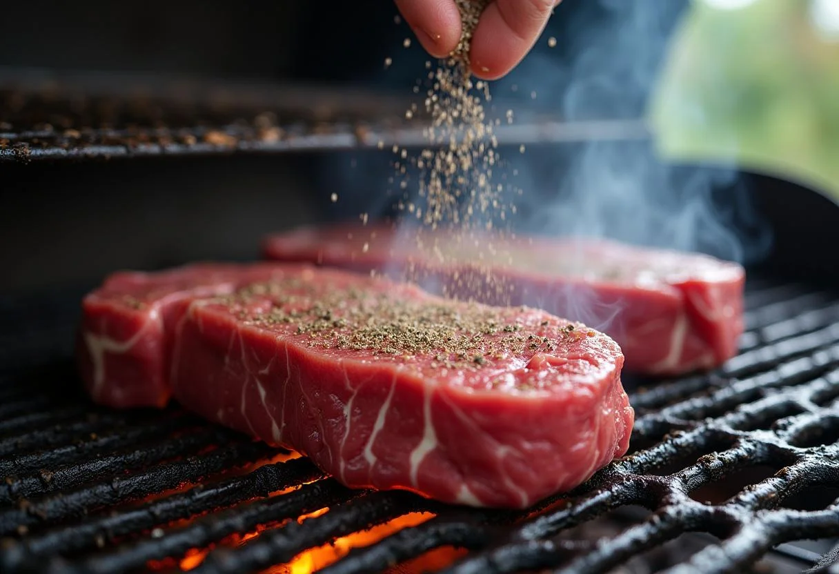 Seasoning and grilling filet mignon for Hannibal Jack Crawford's FBI Filet Mignon mushrooms with a smoke-filled kitchen atmosphere.