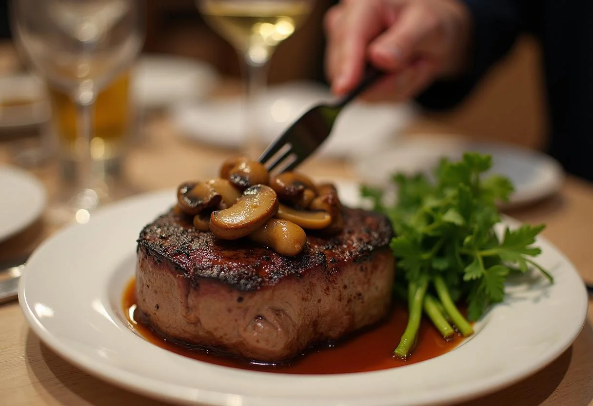 Plating grilled filet mignon with sautéed mushrooms for Hannibal Jack Crawford's FBI Filet Mignon mushrooms in an elegant dining presentation.