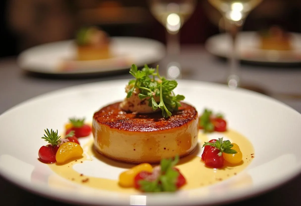 Final presentation of Hannibal's Fine Dining Foie Gras highlighting gourmet flavors and exquisite presentation for a luxurious dining experience.