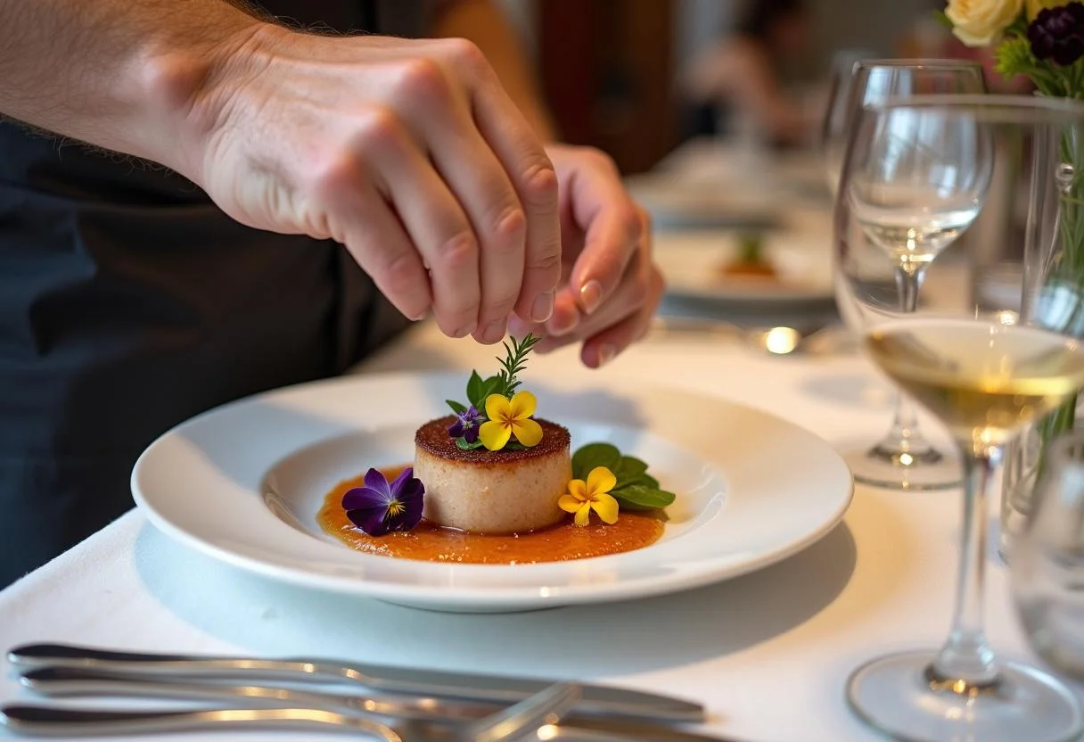 Garnishing Hannibal's Fine Dining Foie Gras with edible flowers for a stunning presentation in an exquisite dining setting.