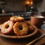 Delicious Harry Potter Azkaban Anklebiter Apple Fritters elegantly plated with a warm cup of tea in a cozy kitchen setting.