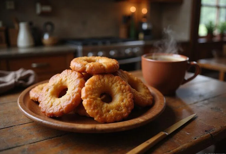 Delicious Harry Potter Azkaban Anklebiter Apple Fritters elegantly plated with a warm cup of tea in a cozy kitchen setting.