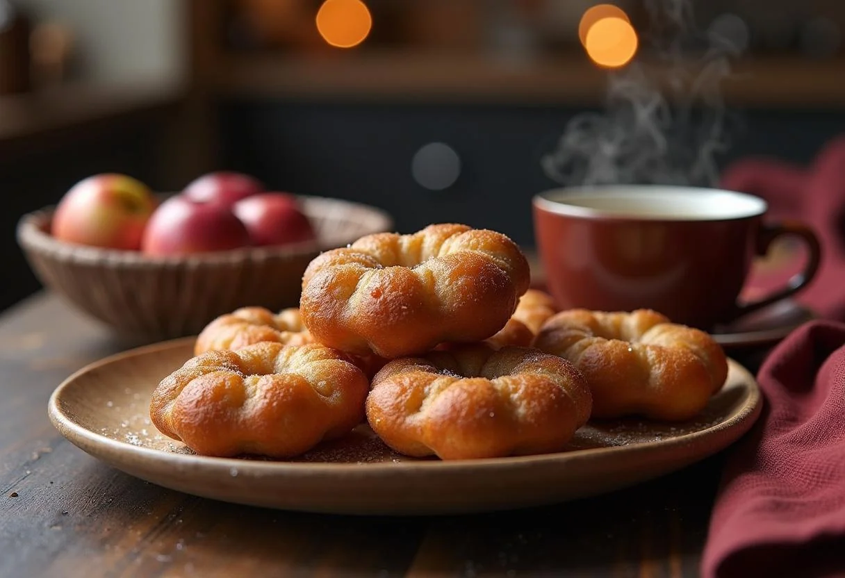 Delicious Harry Potter Azkaban Anklebiter Apple Fritters elegantly plated with a warm cup of tea in a cozy kitchen setting.