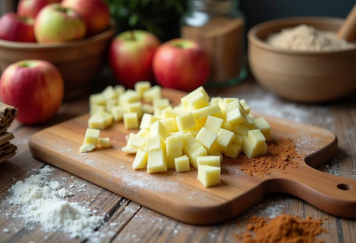 Preparing ingredients for Harry Potter Azkaban Anklebiter Apple Fritters with diced apples, flour, and spices.