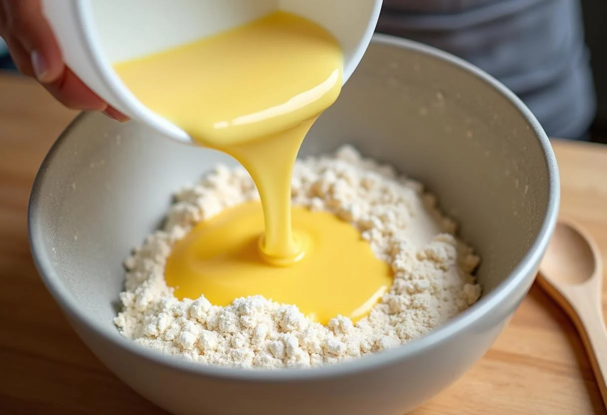 Combining wet and dry ingredients to make batter for Harry Potter Azkaban Anklebiter Apple Fritters in a cozy kitchen.