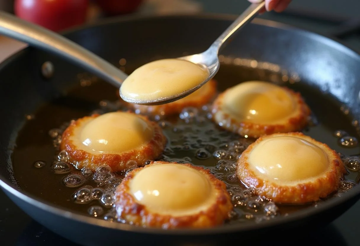 Frying apple fritters in hot oil for perfect crispiness, part of Harry Potter Azkaban Anklebiter Apple Fritters preparation.