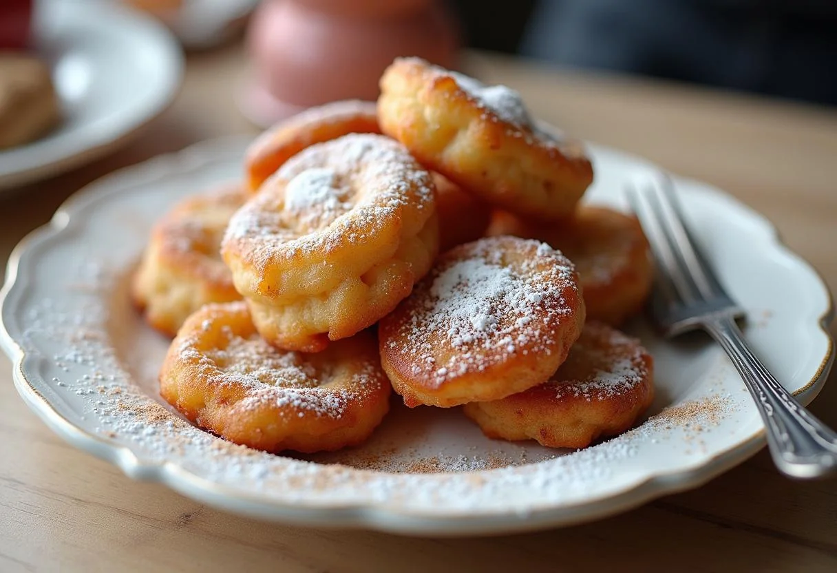 Serving freshly made Harry Potter Azkaban Anklebiter Apple Fritters dusted with powdered sugar and cinnamon.